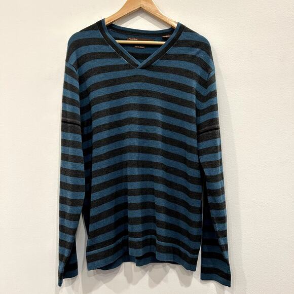 Perry Ellis Merino Wool Striped V Neck Sweater Sz L - Picture 1 of 3